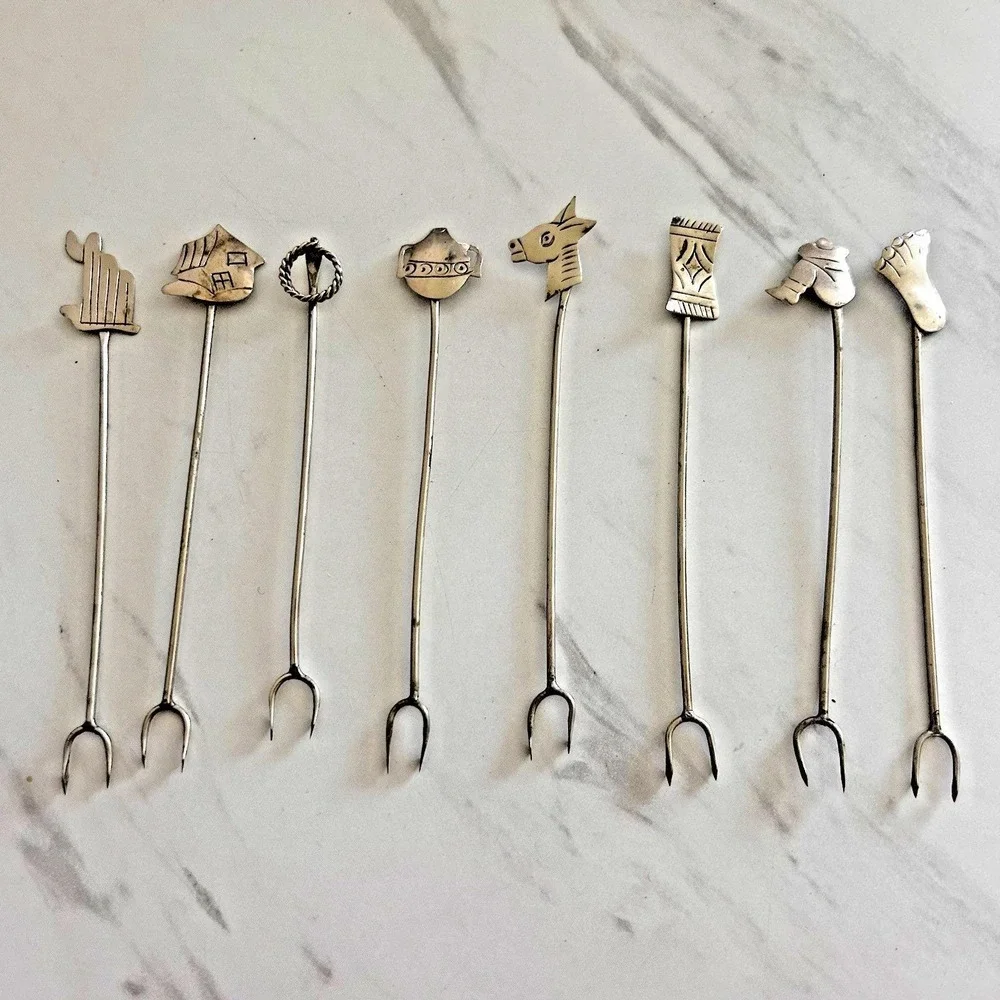 Vintage TAXCO Silver Olive Picks Forks Set of 8 Bar Ware Appetizers Mexico HHH
